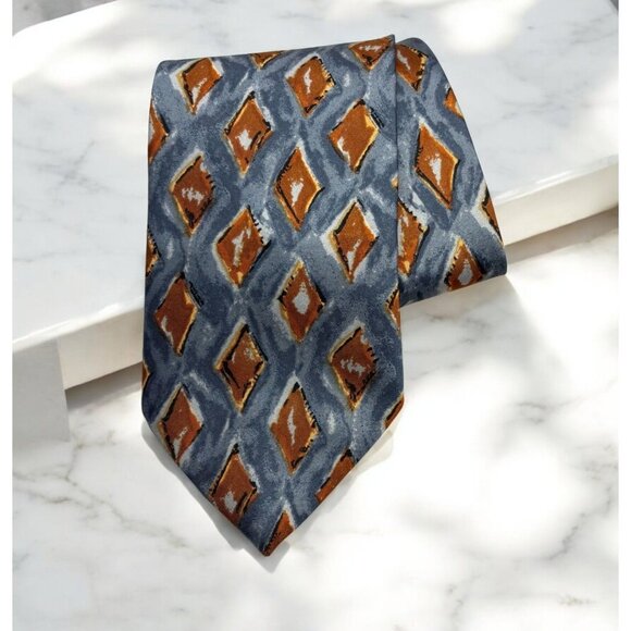 Wembley Diamond Graffiti Mens Neck Tie Gray Orange Diamond Pattern - Picture 1 of 8